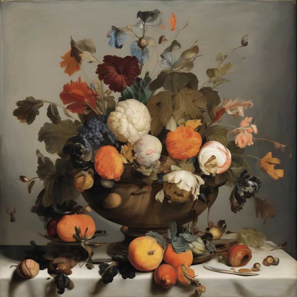 Ορχήστρα λουλουδιών και φρούτων σε ζωγραφική, σύγχρονη τέχνη και καλλιτεχνική εξέλιξη.