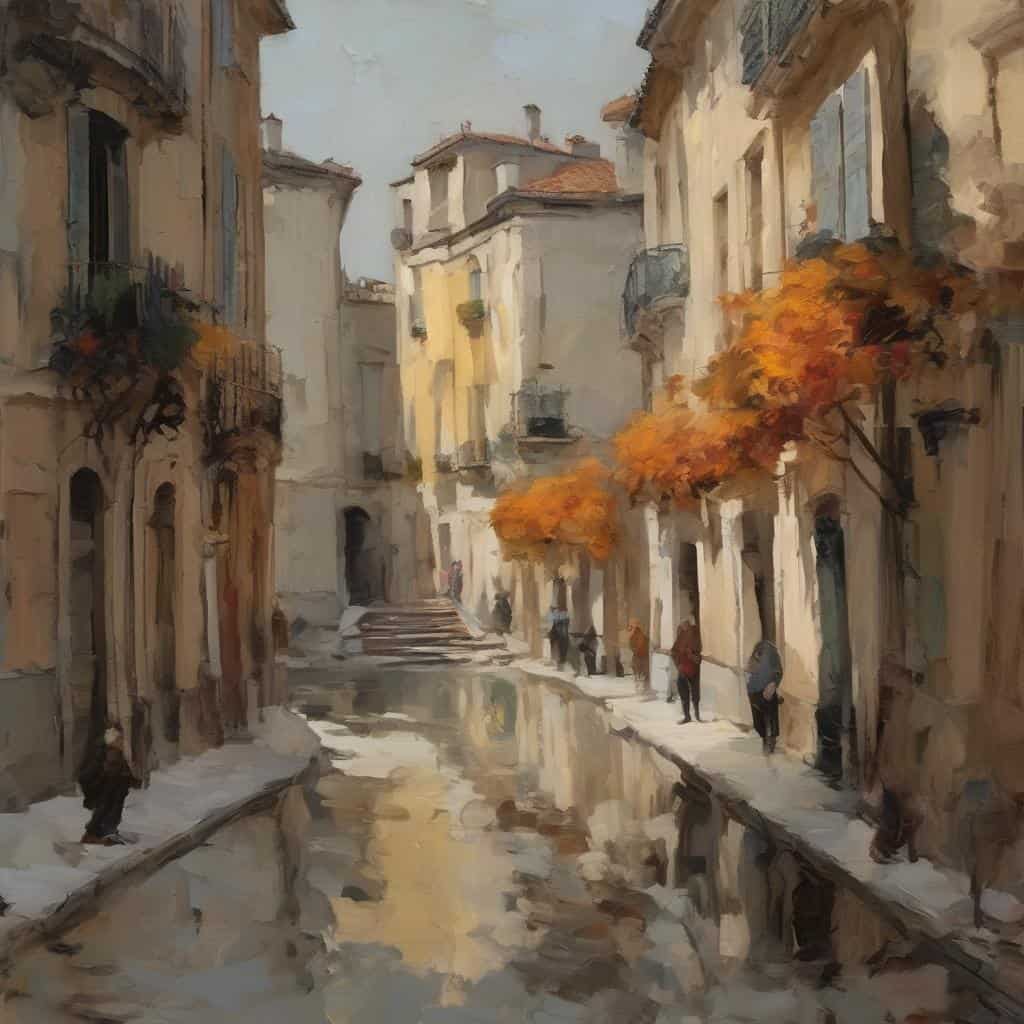 παραδοσιακή πόλη με καλλιτεχνική εξέλιξη στη σύγχρονη τέχνη, Αρχιτεκτονική και αστικές σκηνές σε πίνακα ζωγραφικής.