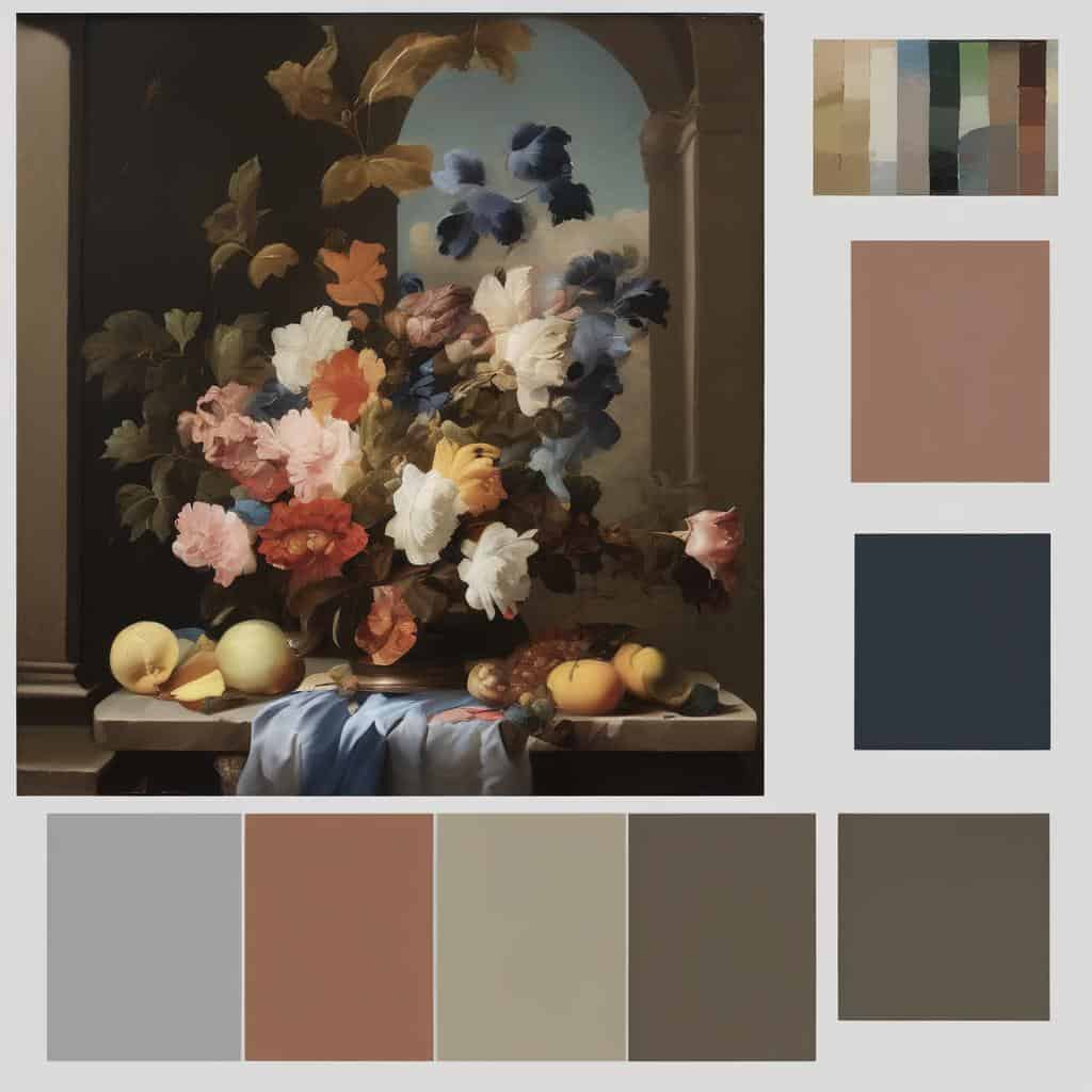 Ανθισμένη καταιγίδα σύγχρονης τέχνης με ζωγραφικό φόντο και παλέτα μοντέρνων χρωμάτων, αποκαλύπτοντας την καλλιτεχνική εξέλιξη.