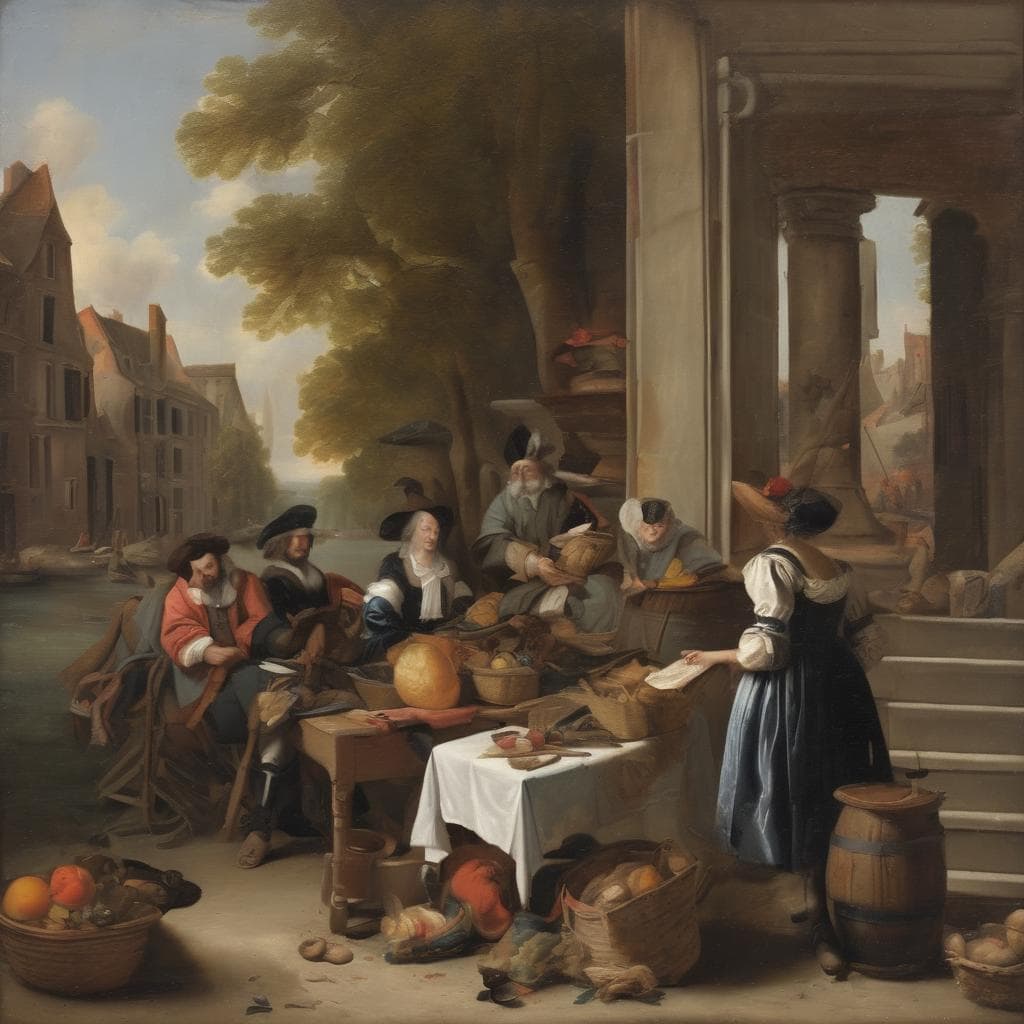 Παραδοσιακή ζωγραφική σκηνή με εμπορική αγορά και ανθρώπους σε ιστορική εποχή.